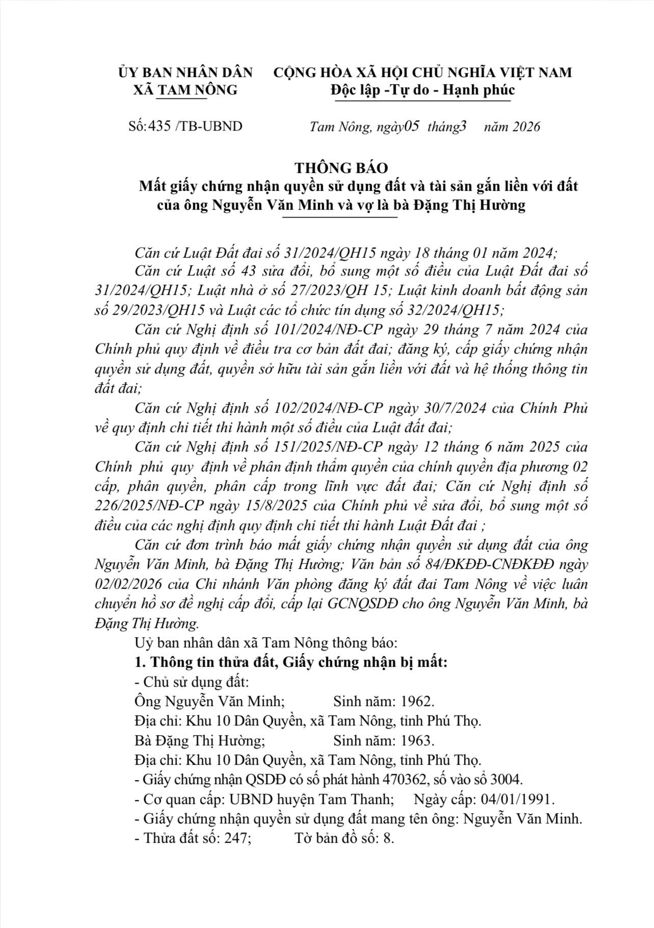 Thông báo: Mất Giấy Chứng nhận Quyền sử dụng đất 