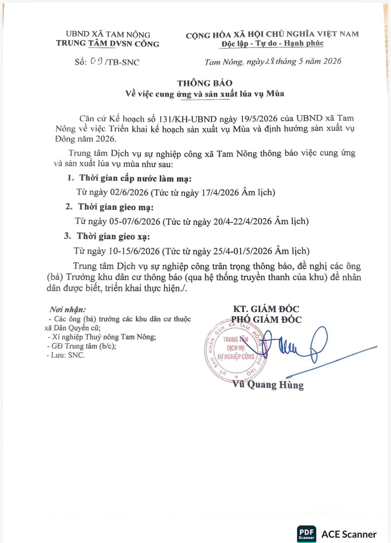THÔNG BÁO LỊCH SẢN XUẤT VỤ MÙA 2026