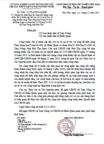 Công văn của Chi cục Thuỷ lợi và Tài nguyên Nước