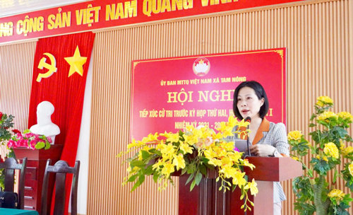 Bà Nguyễn Thị Thu Trang - UVBTV Đảng uỷ, Phó Chủ tịch HĐND xã, Tổ trưởng Tổ đại biểu số 2 HĐND xã thông báo tới cử tri