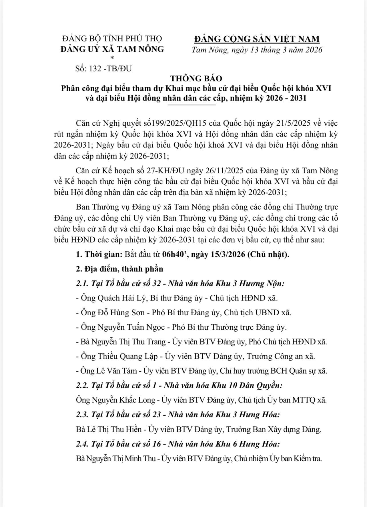 Đảng ủy xã Tam Nông thông báo phân công đại biểu dự khai mạc bầu cử tại các điểm bỏ phiếu