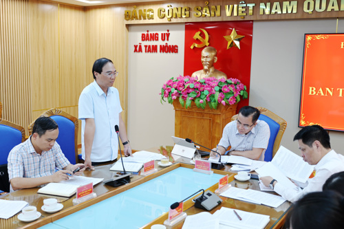 Đồng chí Đỗ Hùng Sơn - Phó Bí thư Đảng ủy, Chủ tịch UBND xã phát biểu tại hội nghị