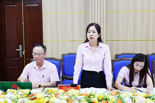 Đồng chí Hà Vũ Thanh Hoa - Phó Giám đốc Phòng Giao dịch Ngân hàng CSXH Tam Nông phát biểu tại hội nghị