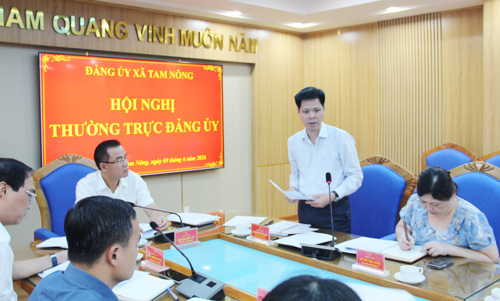 Đồng chí Nguyễn Tuấn Ngọc - Phó Bí thư Thường trực Đảng ủy xã phát biểu tại hội nghị