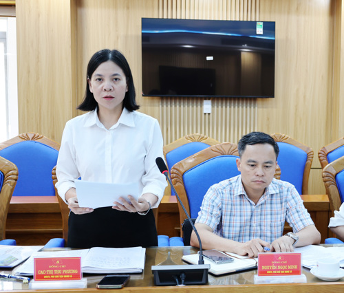 Đồng chí Cao Thị Thu Phương - UVBTV, Phó Chủ tịch UBND xã phát biểu tại hội nghị