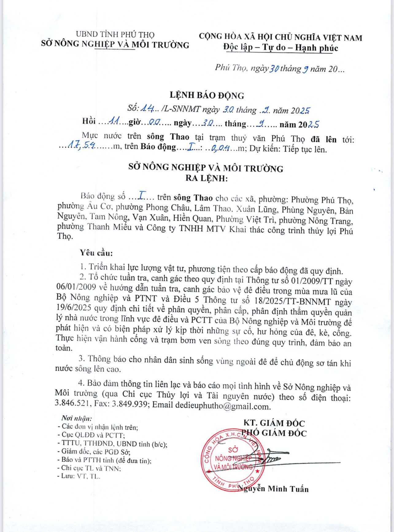 Lệnh Báo động số 1 của Sở Nông nghiệp và Môi trường Phú Thọ về mực nước trên sông Thao.
