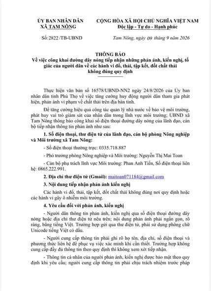 UBND XÃ TAM NÔNG THÔNG BÁO ĐƯỜNG DÂY NÓNG TIẾP NHẬN NHỮNG PHẢN ÁNH, KIẾN NGHỊ, TỐ GIÁC CỦA NGƯỜI DÂN VỀ CÁC HÀNH VI ĐỔ, THẢI, TẬP KẾT, ĐỐT CHẤT THẢI KHÔNG ĐÚNG QUY ĐỊNH. 📢SỐ ĐIỆN THOẠI: 0335.718.887.