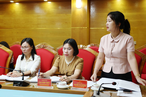 Đồng chí Nguyễn Thị Phương - ĐUV, PCT UBMTTQ xã đồng thời là Bí thư Đoàn xã phát biểu tại hội nghị