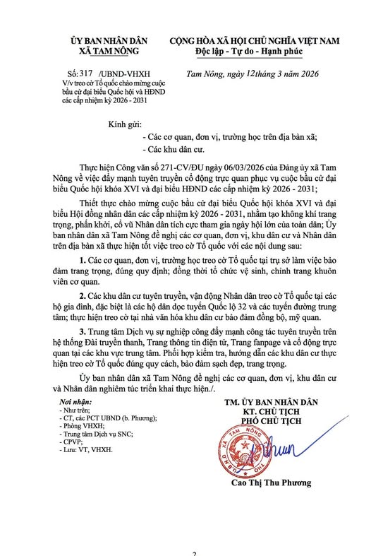 Công văn của UBND xã Tam Nông về việc treo cờ Tổ quốc chào mừng cuộc Bầu cử