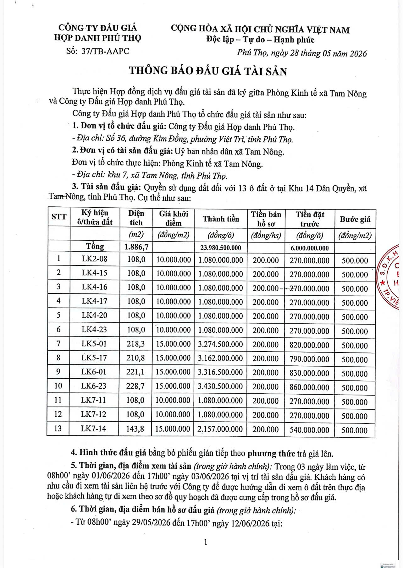 Công Ty Hợp Danh phối hợp với UBND xã Tam Nông thông báo bán đấu giá tài sản.