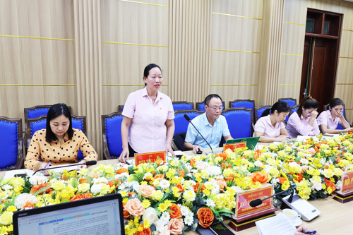 Đồng chí Bùi Thị Liễu - Phó Giám đốc chi nhánh Ngân hàng CSXH tỉnh Phú Thọ phát biểu tại buổi làm việc