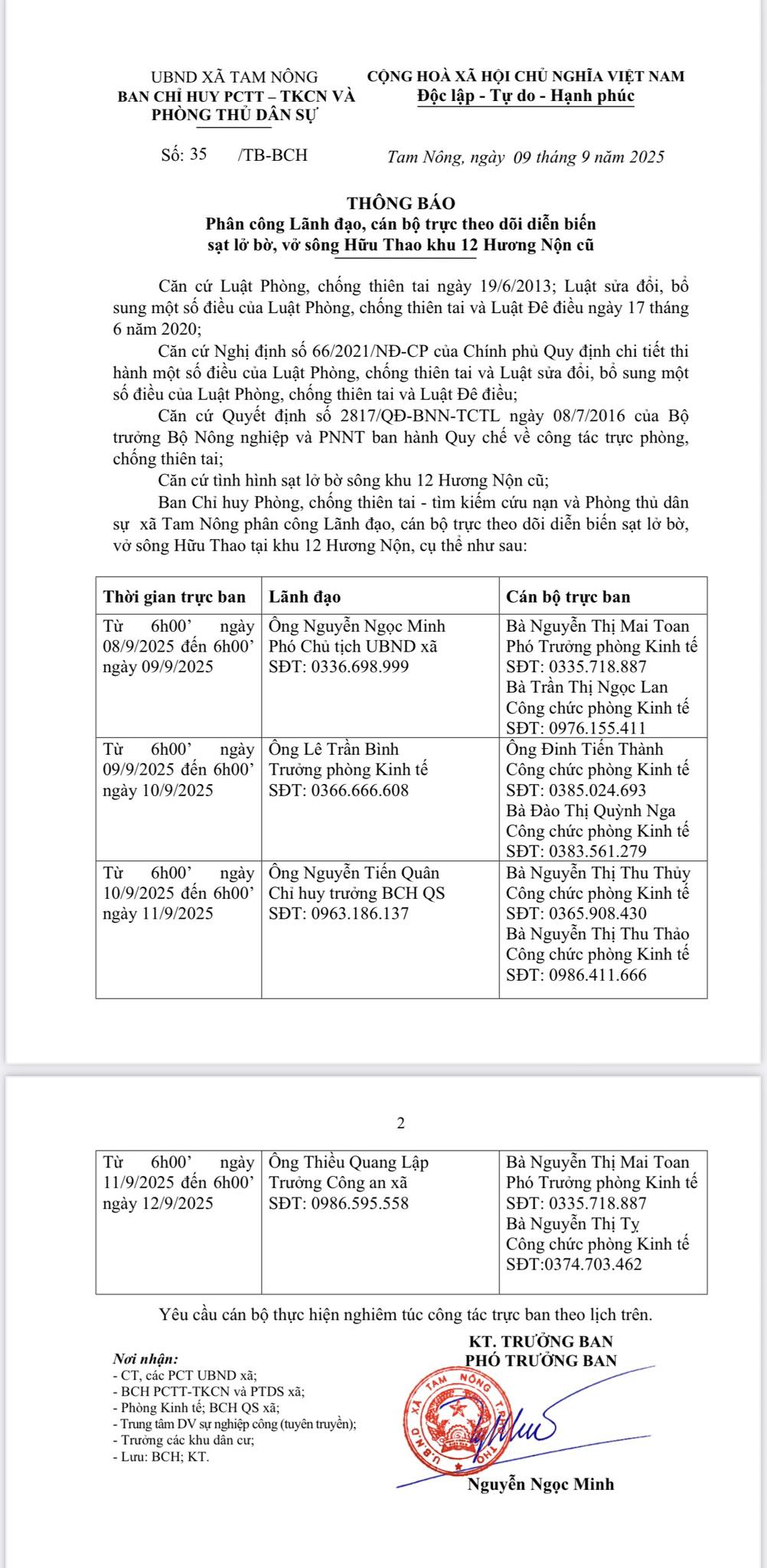 Thông báo phân công Lãnh đạo, cán bộ trực theo dõi diễn biến sạt lở bờ, vở sông Hữu Thao khu 12 Hương Nộn cũ.