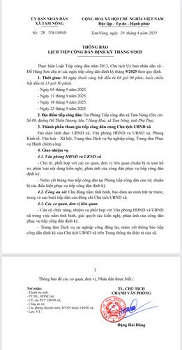 Lịch tiếp công dân tháng 9/2025