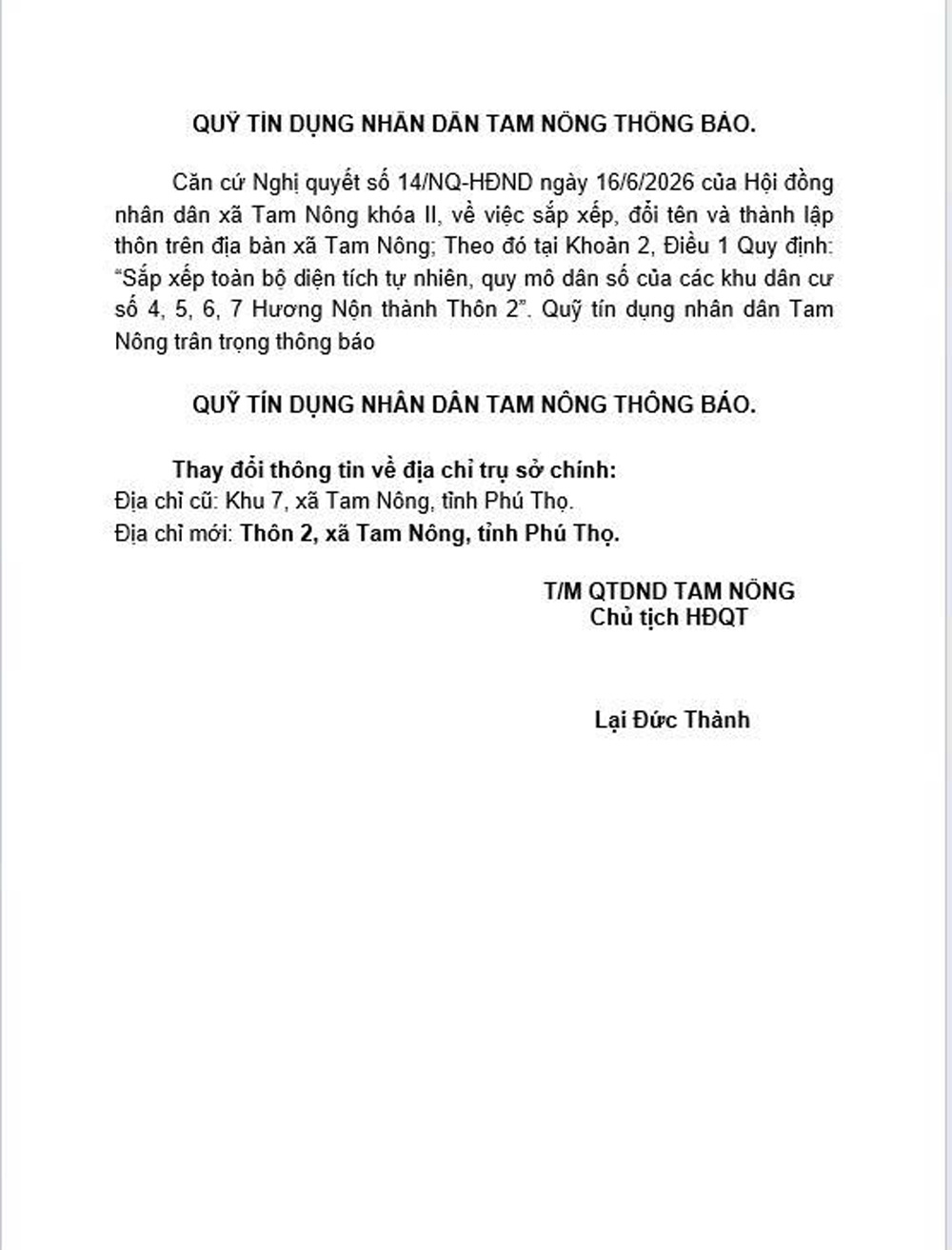 QUỸ TÍN DỤNG NHÂN DÂN TAM NÔNG THÔNG BÁO.