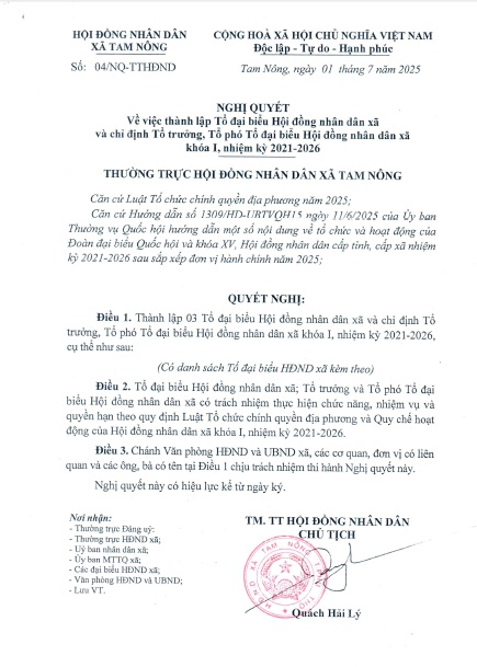 BBT Giới thiệu Nghị quyết số 04/NQ-TTHĐND ngày 01/7/2025 của Hội Đồng Nhân dân xã Tam Nông