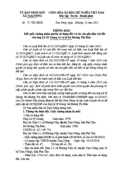 THÔNG BÁO Mất giấy chứng nhận quyền sử dụng đất và tài sản gắn liền với đất của ông Lê Sỹ Giang và vợ là bà Hoàng Thị HảoTHÔNG BÁO Mất giấy chứng nhận quyền sử dụng đất và tài sản gắn liền với đất của ông Lê Sỹ Giang và vợ là bà Hoàng Thị Hảo