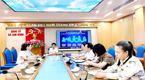 Đồng chí Nguyễn Tuấn Ngọc - Phó Bí thư Thường trực Đảng ủy chủ trì tại điểm cầu xã Tam Nông.