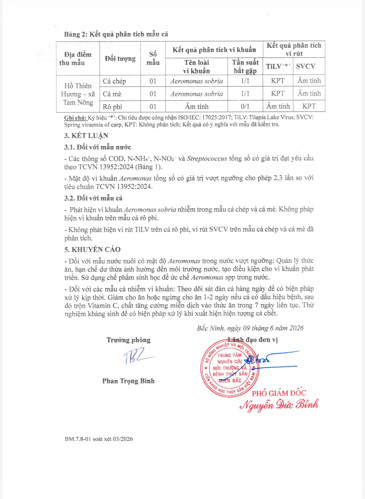 Mẫu Kết quả phân tích của Trung tâm Nghiên cứu Môi trường và Bệnh thủy sản miền Bắc