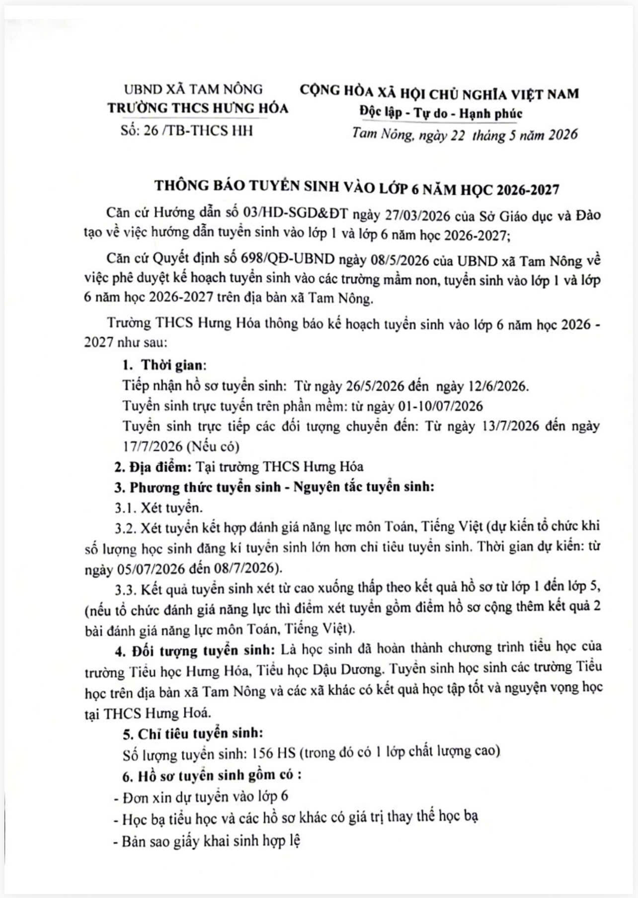 THÔNG BÁO - Tuyển sinh vào Lớp 6 Trường THCS Hưng Hóa năm học 2026-2027