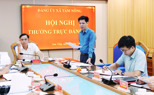 Đồng chí Nguyễn Tuấn Ngọc - Phó Bí thư Thường trực Đảng ủy xã phát biểu tại hội nghị