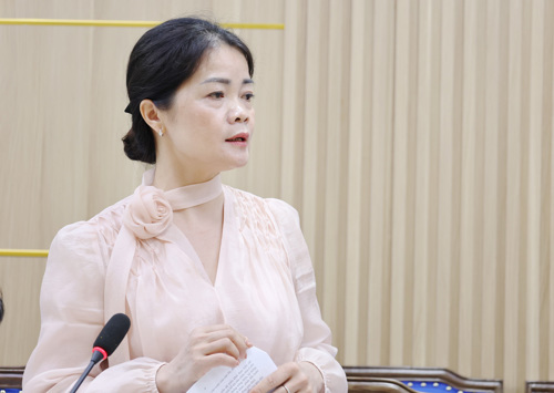 Đồng chí Lê Thị Thanh Tâm - ĐUV, Trưởng phòng VH-XH phát biểu tại hội nghị