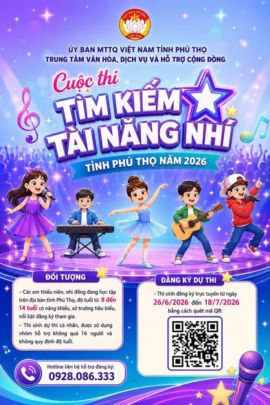 Trung tâm Văn hoá, Dịch vụ và Hỗ trợ cộng đồng tổ chức Cuộc thi Tìm kiếm Tài năng Nhí tỉnh Phú Thọ năm 2026.