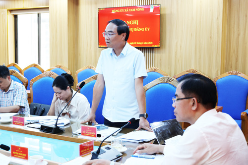 Đồng chí Đỗ Hùng Sơn - Phó Bí thư Đảng ủy, Chủ tịch UBND xã phát biểu tại hội nghị